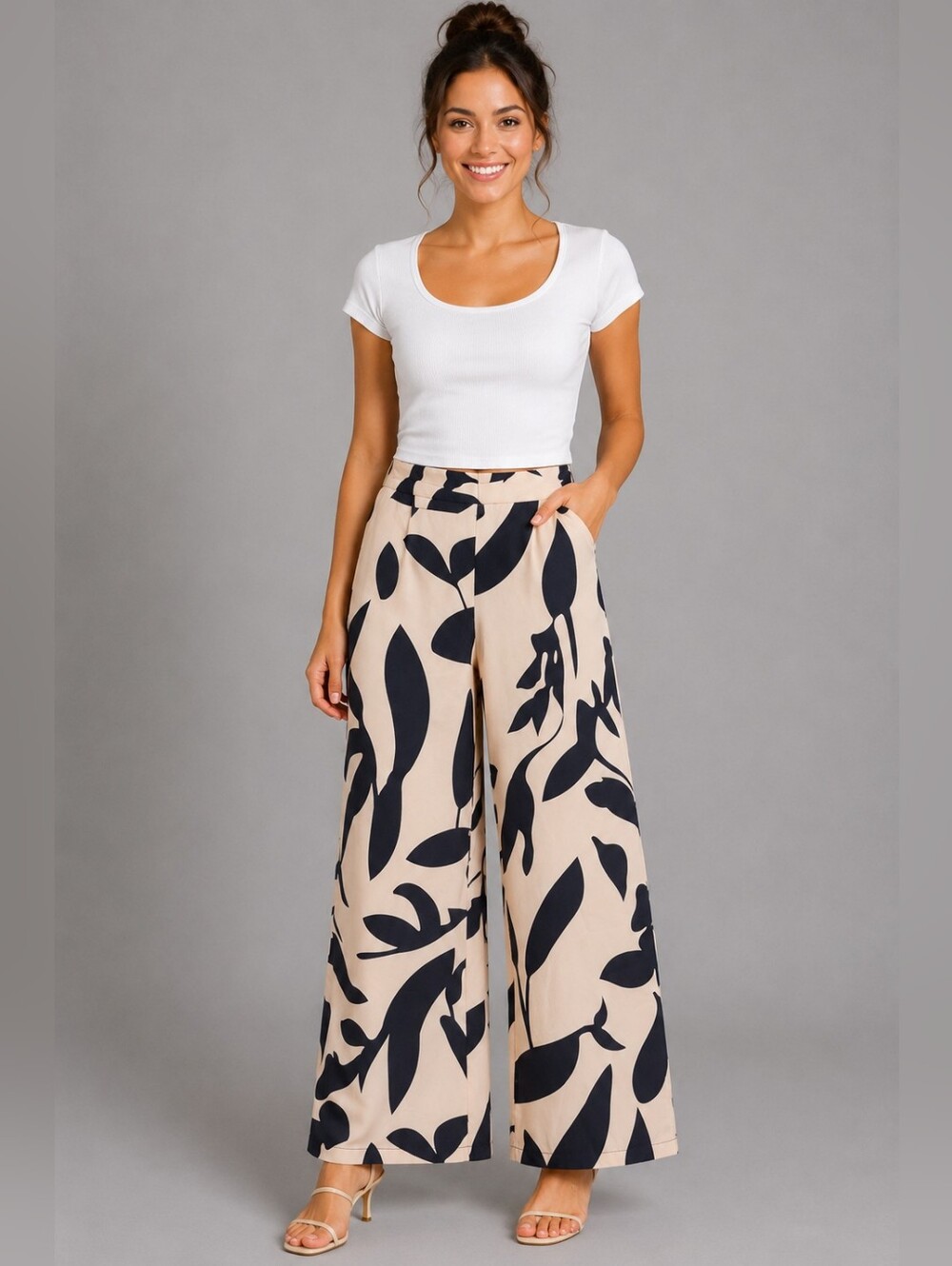 Wide Leg Floral Print Pants in Beige and Black